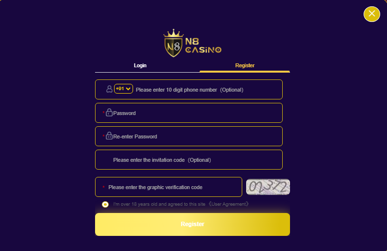 Registration form on N8 Casino website